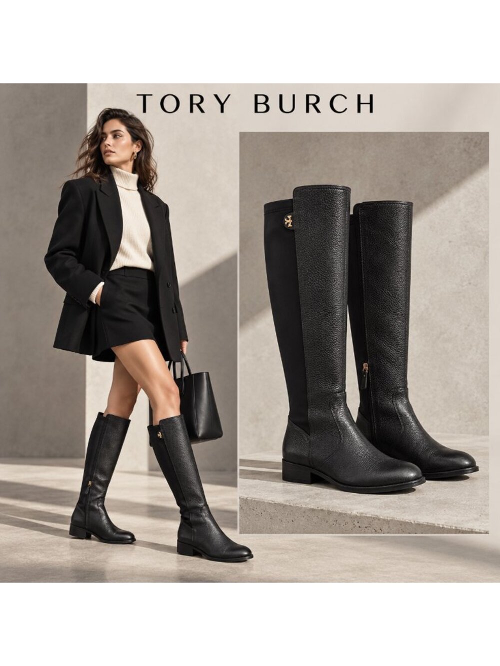 Tory Burch Christy Black Leather Stretch Knee High Riding Boots 6.5M